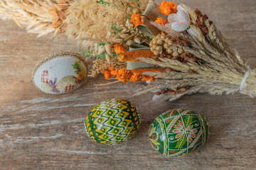 Easter. Colorful Easter eggs and Easter palm 
