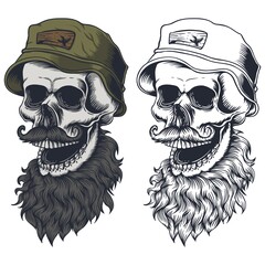Skull beard mustache wear hat vector illustration