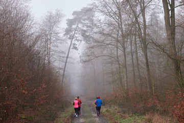 Lauftraining im nebligen Winterwald