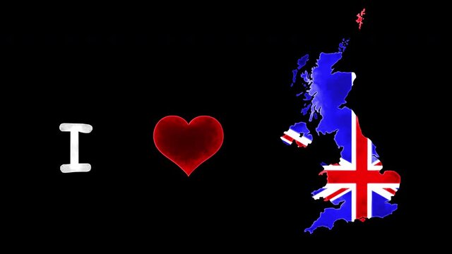 I love United Kingdom animation with red beating heart.Love Uk.icon flag,country love video.