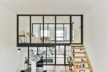 House in an unusual design with glass windows