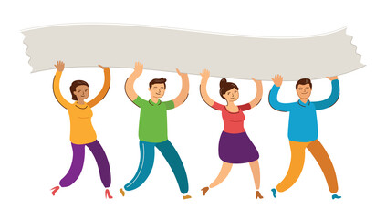 People walk and raise blank poster. Teamwork, solidarity concept vector illustration
