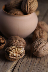 top view of textured nuts in a clay jug
