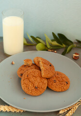 Homemade chocolate chip cookies stacked in a rusty setting