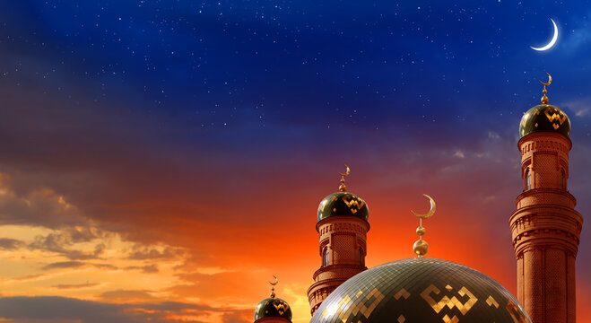 Ramadan Kareem background.Crescent moon at a top of a mosque