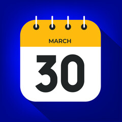 March day 30. Number thirty on a white paper with yellow color border on a blue background vector.