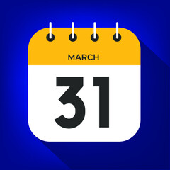 March day 31. Number thirty-one on a white paper with yellow color border on a blue background vector.