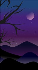 Mountain landscape illustration in flat style with design hill and smoke in night view. Aesthetic  nature background. Banner template for mobile phone screen saver theme, lock screen and wallpaper. 