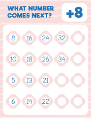 Math worksheet practice print page. What number comes next? Count and write.