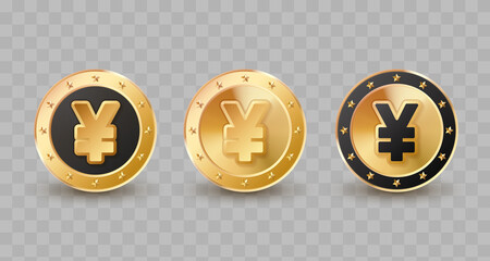 Set of concept different gold, golden, black coins, yen, currency on transparent background. Vector illustration for card, party, design, flyer, poster, decor, banner, web, advertising.