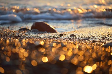 Sea shore at sunset, close-up. Pebbles, storm waves. Abstract background, details blurred in bokeh. Blue, yellow, orange, pink colors. Soft sunlight, golden hour. Peace, meditation, tranquility themes