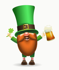 St. Patrick's Day Irish gnome with clover and beer. Vector Leprechaun illustration for banner, decor, or invitation to the pub. Isolated on white background. - 416381284