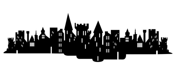 Obraz premium Old ruined knight's castle. Silhouette vector illustration. Isolated on white background. destructible tower