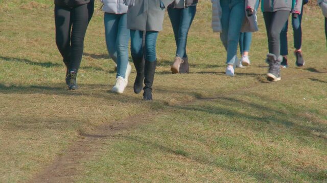 group of young people walking in the field