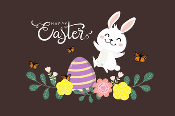 Happy Easter greeting card with cute white bunny and eggs. Rabbit character set. Animal wildlife holidays cartoon. -Vector.