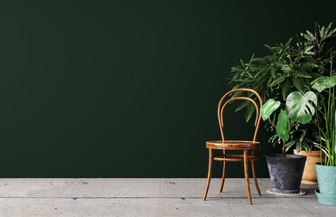 Mock up interior with potted plants and old wooden chair in front of dark green wall background 3D...