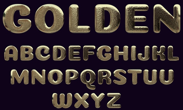 Alphabet letter set with metallic gold texture, 3D rendering, bold typeface, golden abc, premium uppercase font design for poster, banner, greeting card