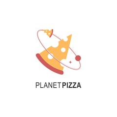Planet pizza logo for cafe packaging and restaurant menu. Fast food logo with modern flat style vector illustration. Pizza slice logo for Italian pizzeria with minimalistic flat style pizza restaurant