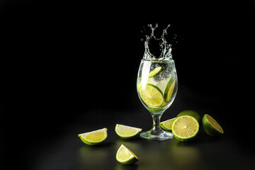 Splash of water in a glass with lime and ice .