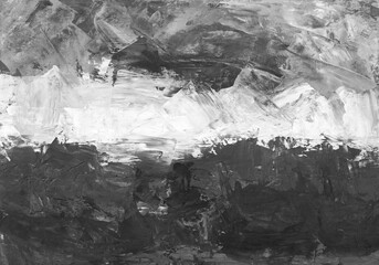Grunge black and white textured background, hand painted. Abstract palette knife artwork. Rough monochrome minimalist backdrop. Brush strokes on paper.