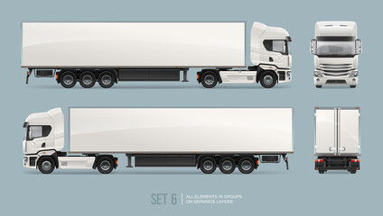 White cargo Truck Trailer vector template for mockup design isolated on grey background. Realistic Car Euro trucks delivering vehicle layout for corporate brand identity design. Realistic illustration © VRTX