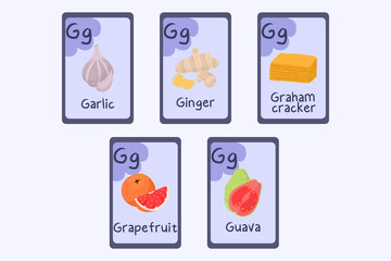 Colorful Phonics flashcard Letter G - garlic, ginger, graham cracker, grapefruit, guava. Food themed ABC cards for teaching reading with foods, vegetables, fruits and nuts. Series of ABC.