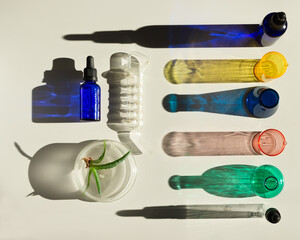 Abstract cosmetic or chemical laboratory. Laboratory equipment, flasks, test tubes, petri dishes....