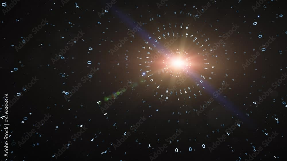 Poster binary data code rotating around bright star in dark universe glowing star