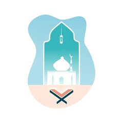Holy mosque with lantern and Quran symbol in bubble shaped background. Islamic greetings Ramadan Kareem and Eid Mubarak card flat design UI style for Muslim community celebration. Vector illustration.