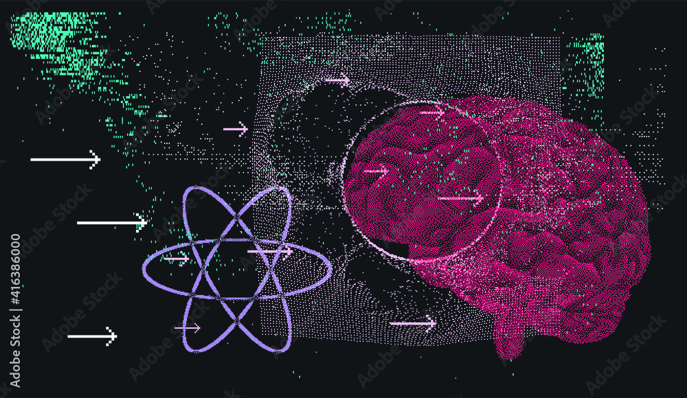 Poster Chalkboard with drawings and schemes of atomic particles and human brain. Concept vector illustration of Quantum mechanics Theory, power anf genius of the mind.