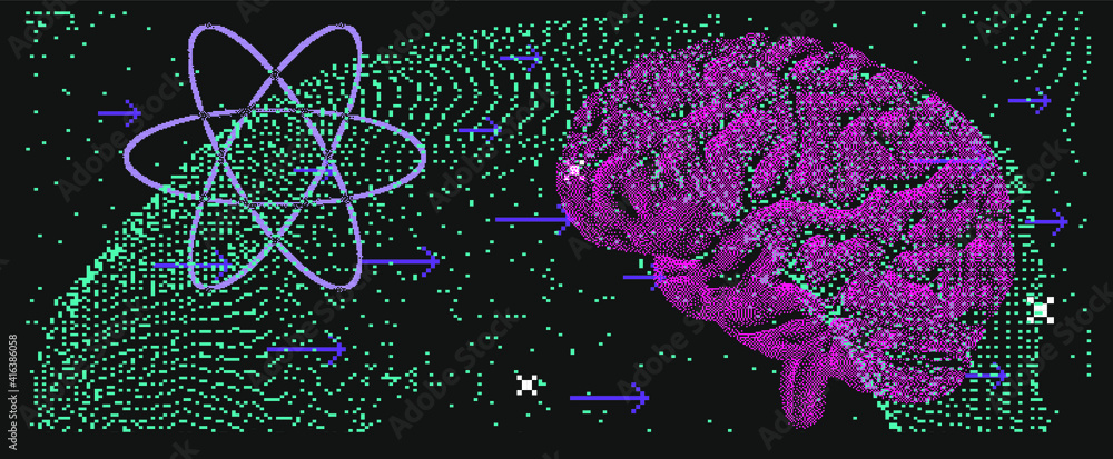 Poster Chalkboard with drawings and schemes of atomic particles and human brain. Concept vector illustration of Quantum mechanics Theory, power anf genius of the mind.