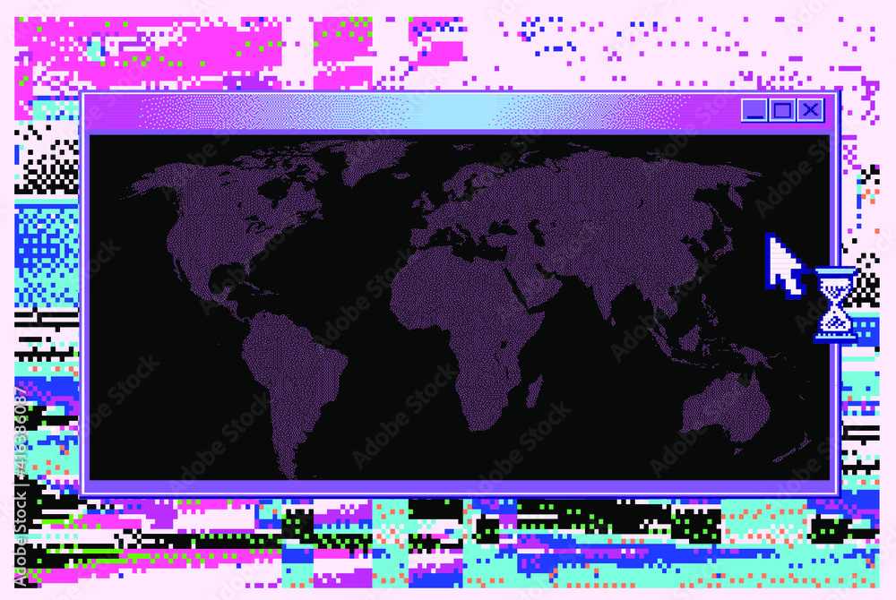Aufkleber Map of the World in pixel art style. Retrofuturistic cyberpunk user interface, sci-fi hacker UI.