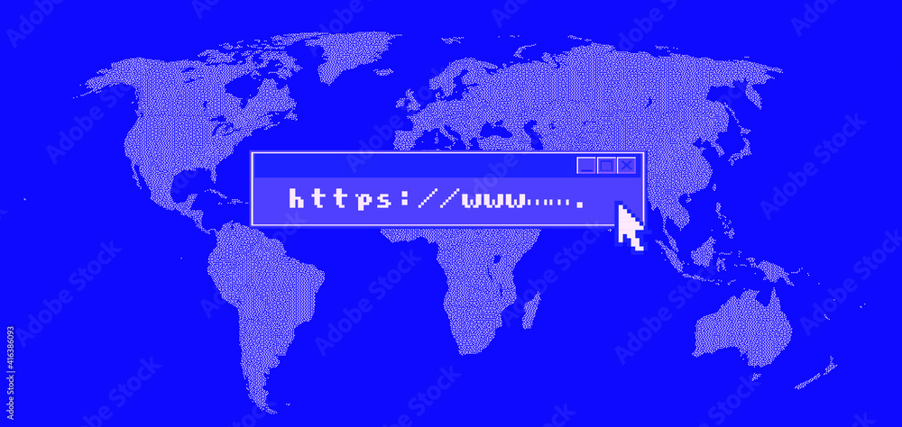 Aufkleber Map of the World in pixel art style. Retrofuturistic cyberpunk user interface, sci-fi hacker UI.