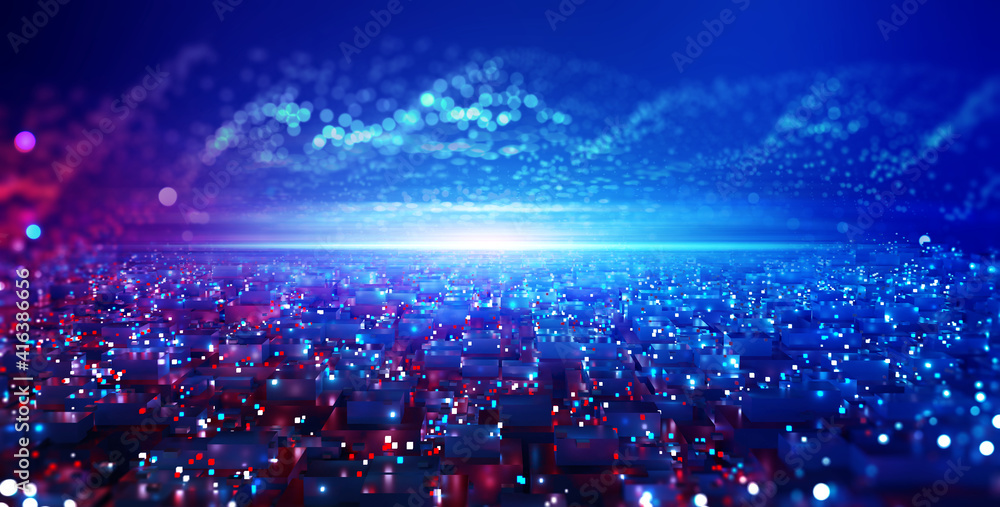 Poster Neural network. Cyber city, digital technology and Information Security. Big data concept in 3D illustration. Blockchain, database in world of future