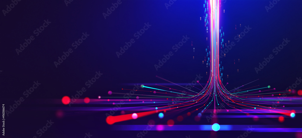Poster Big data, wireless information flow. Data portal, open data system. Global cyberspace concept. High technology and free internet 3d illustration