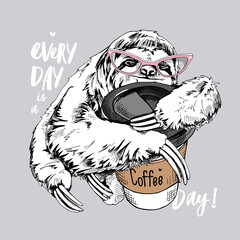 Cute smiling sloth in a pink glasses with a plastic cup of coffee. Humor card, t-shirt composition, hand drawn style print. Vector illustration.