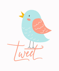 Bird tweet whimsical graphic with the bird in aqua and coral colors illustration.