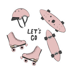 set, rollers, skateboard and helmet. Vector illustration 