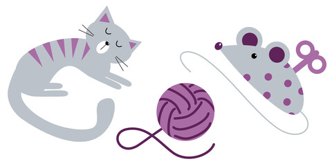 Vector cartoon illustration of mouse, ball of thread and cats isolated on white background for cute postcard, logo, for the design of a children`s room, for invitations, greeting cards, business card