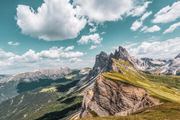 Panoramic view of the Seceda, high mountain in the Dolomites in South Tyrol, Italy.