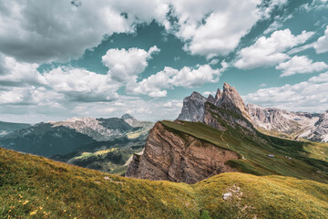 Panoramic view of the Seceda, high mountain in the Dolomites in South Tyrol, Italy.