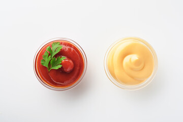 Tomato ketchup tasty and delicious mayonnaise in glass bowl isolated on white. Mock up. Isolated on white background.