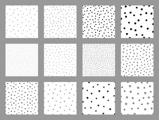 Big vector set of seamless textures: random polka dots, sprinkle doodle, stars. Seamless patterns with black dots on white. Noise background set. Card templates.