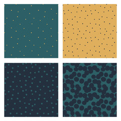 Set of Polka dot repeating backgrounds. Vector dotted seamless patterns in trendy colors. Gold sand, sea green, deep blue.  Card templates.