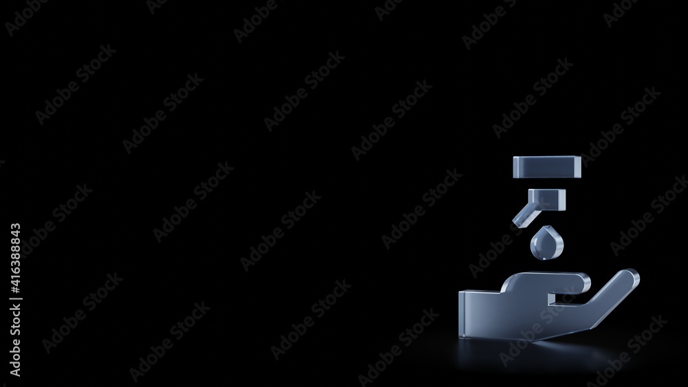 Poster 3d rendering frosted glass symbol of sanitizer with hand isolated with reflection