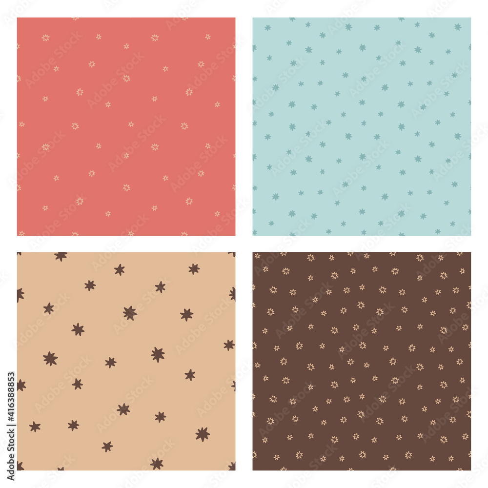 Wall mural set of vector seamless patterns. star doodle backgrounds. soft pink, pastel blue, light brown, choco