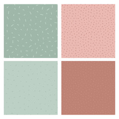 Set of vector seamless patterns with dots and sprinkle doodles. Soft nude colors. Card templates.