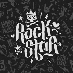 Rock Star White Lettering Calligraphy with grunge style Rock n Roll elements. Rock and Roll music seamless pattern isolated on black background 