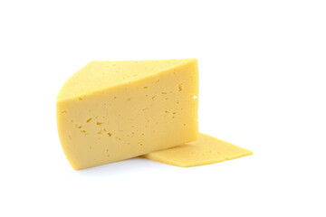 Solid yellow gouda cheese, close-up, isolated on a white background.selective focus.