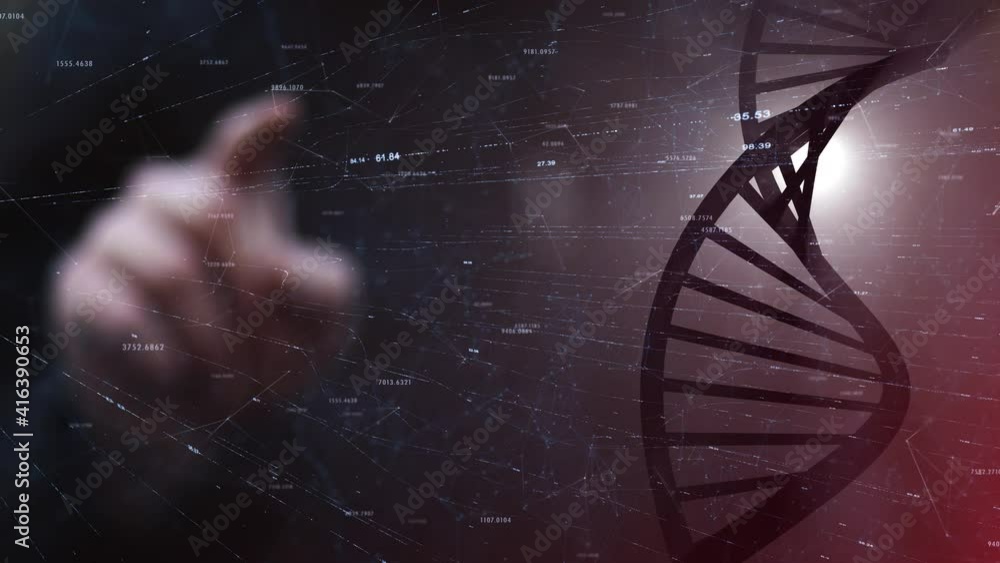 Poster scientist typing on augmented screen with rotating dna chain purple background